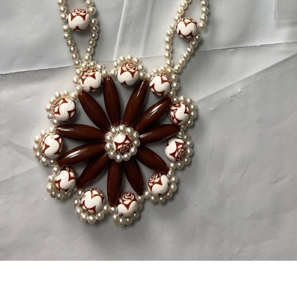 Long Beaded Pendant Necklace Brown Cream Floral Medallion Statement